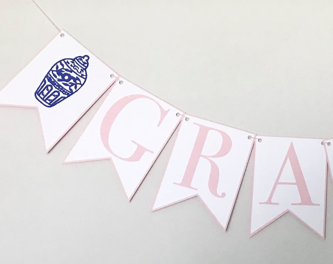 Ginger Jar Custom Name or Phrase Banner - Chinoiserie Chic, Blue and White, Pink and White