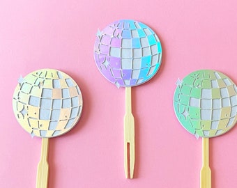 Disco Ball Cupcake Toppers (Set of 12)  - Silver, Sparkle, Boogie, Bachelorette, Birthday, Celebrations, Groovy
