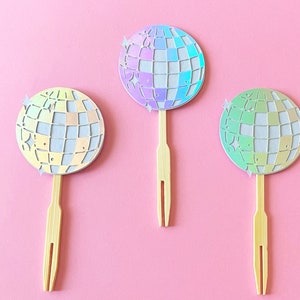 Disco Ball Cupcake Toppers Set of 12 Silver, Sparkle, Boogie, Bachelorette, Birthday, Celebrations, Groovy image 1