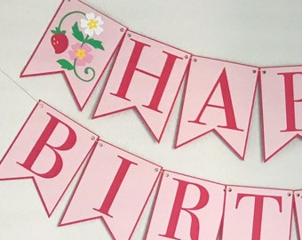 Strawberry Blossom Birthday Banner - Berry Bash, Happy Birthday Party Banner, Berry First Birthday, Strawberry Girl Birthday