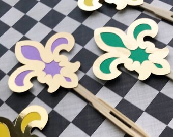Fleur De Lis  Mardi Gras Cupcake Toppers (Set of 12) - Purple, Green and Gold