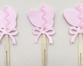 Pink Bonnet Cupcake Toppers - Baby Shower Decorations (Set of 12)