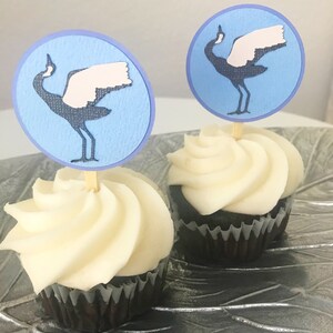 Crane Cupcake Toppers Set of 12 Blue and White, Chinoiserie Chic, Boy Baby Shower, Blue Baby Shower, Birthday Party image 3