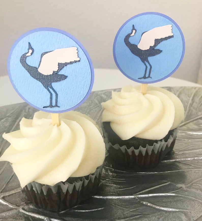 Crane Cupcake Toppers Set of 12 Blue and White, Chinoiserie Chic, Boy Baby Shower, Blue Baby Shower, Birthday Party image 3