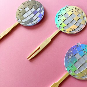 Disco Ball Cupcake Toppers Set of 12 Silver, Sparkle, Boogie, Bachelorette, Birthday, Celebrations, Groovy image 3