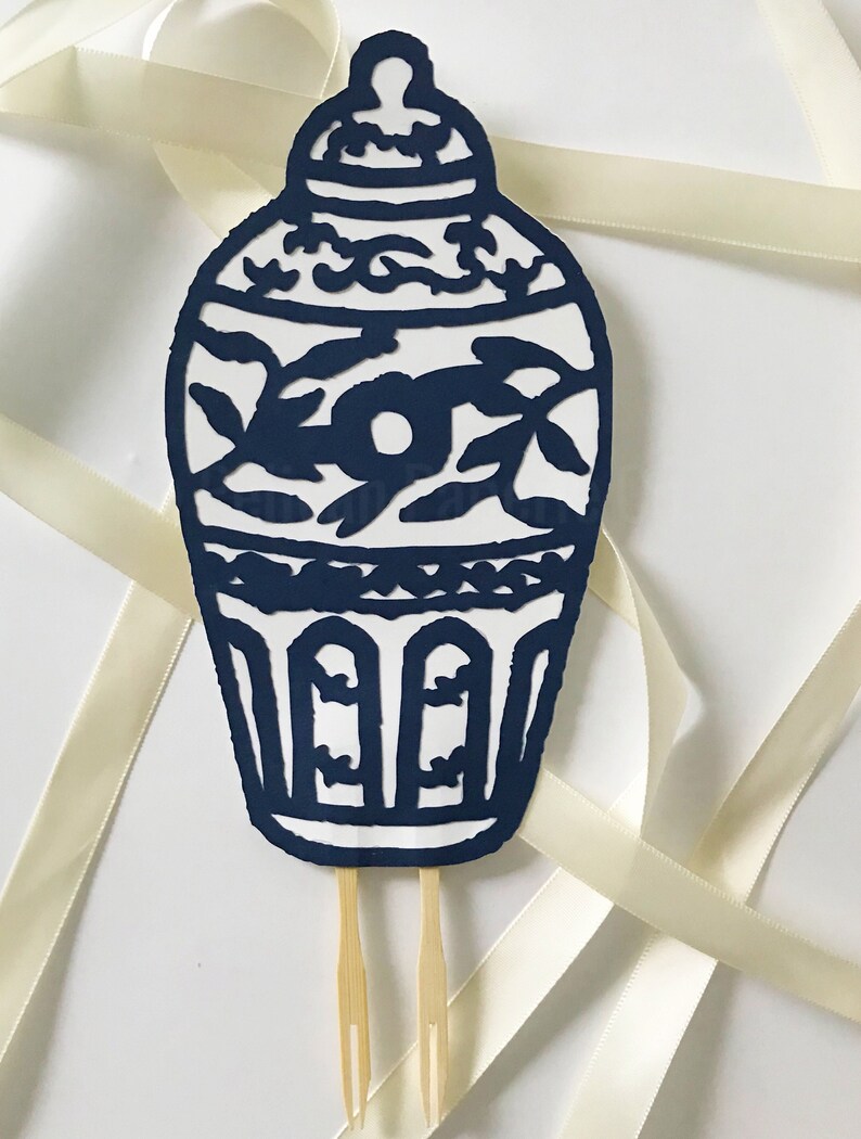 Navy Blue Ginger Jar Cake Topper Chinoiserie Chic Bridal Shower, Girl Birthday Party, Cake Decorations , Blue and White image 5