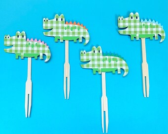 Green Gingham Gator Cupcake Toppers - (Set of 12) Alligator Birthday Party Banner, First Birthday, One, Two
