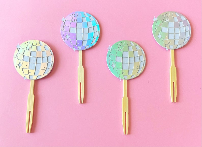 Disco Ball Cupcake Toppers Set of 12 Silver, Sparkle, Boogie, Bachelorette, Birthday, Celebrations, Groovy image 1