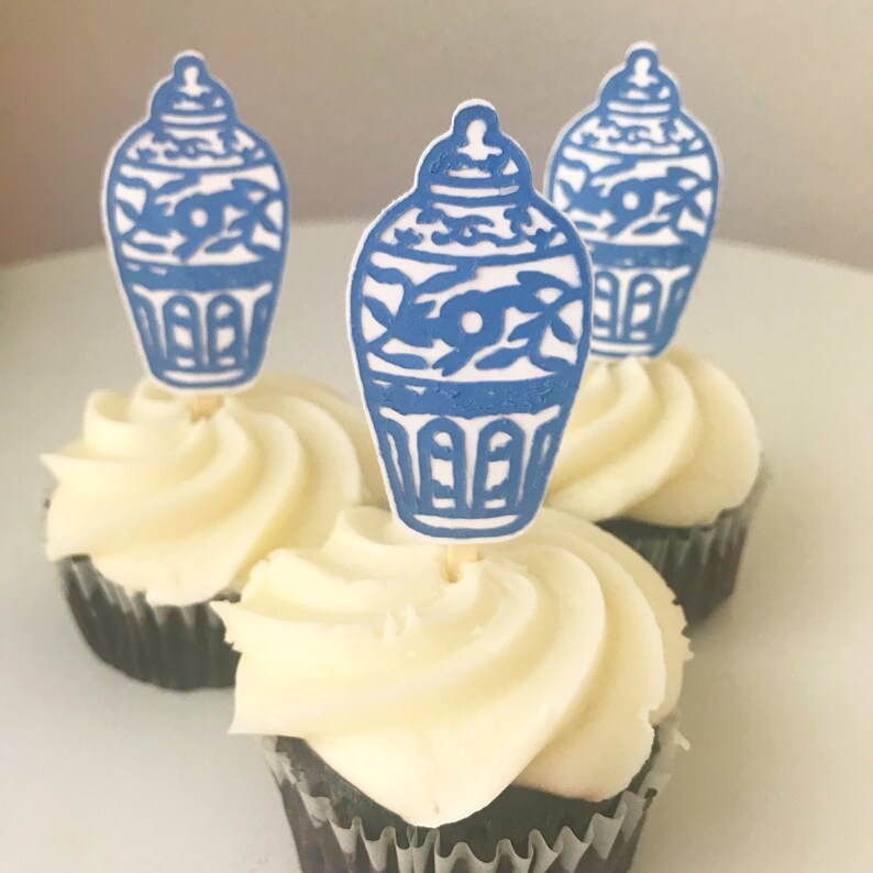 Blue and White Ginger Jar Cupcake Toppers Set of 12 Blue and White Bridal Shower, Baby Shower, Engagement, Chinoiserie Chic Party image 2