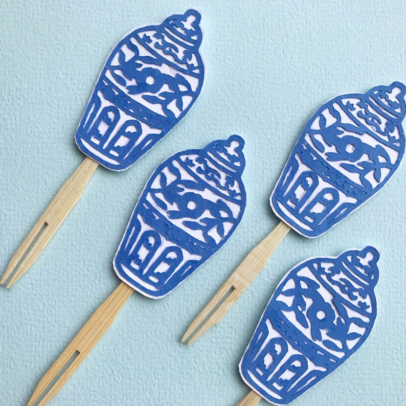 Blue and White Ginger Jar Cupcake Toppers Set of 12 Blue and White Bridal Shower, Baby Shower, Engagement, Chinoiserie Chic Party image 1