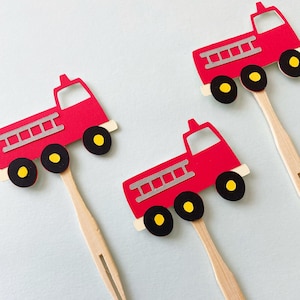Red Fire Truck Cupcake Toppers - Birthday Party Decorations (Set of 12)
