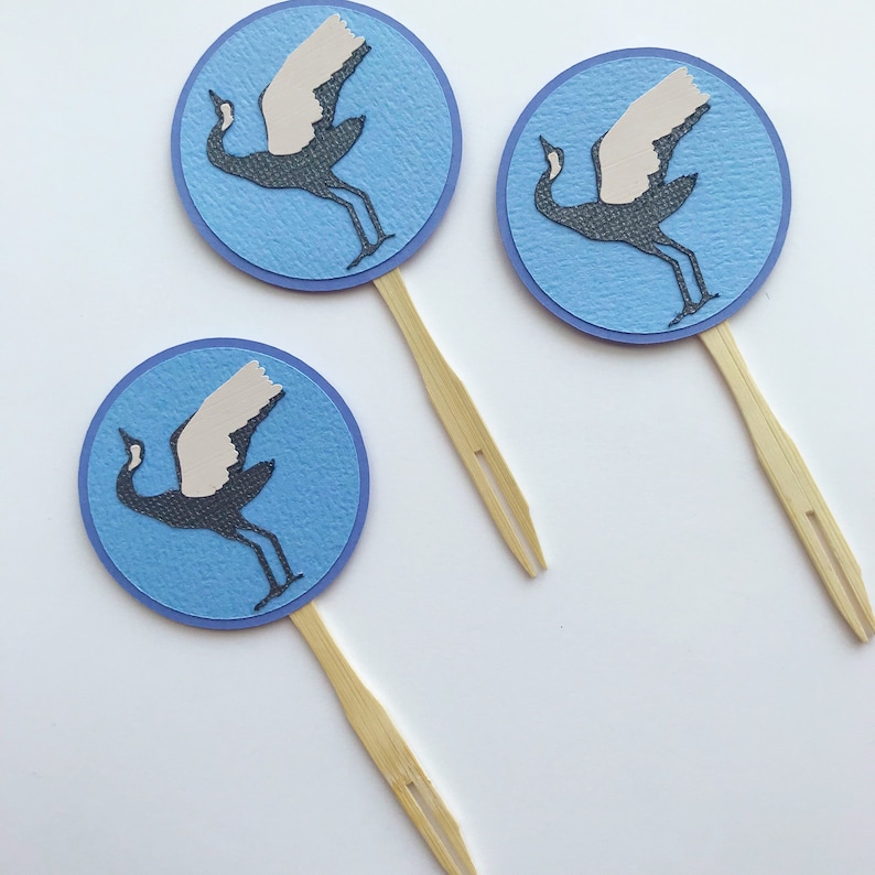 Crane Cupcake Toppers Set of 12 Blue and White, Chinoiserie Chic, Boy Baby Shower, Blue Baby Shower, Birthday Party image 1