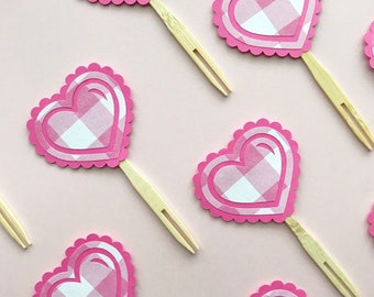 Pink Gingham Heart Cupcake Toppers - Valentine's Day Party,  Chocolate Box Cupcake Toppers