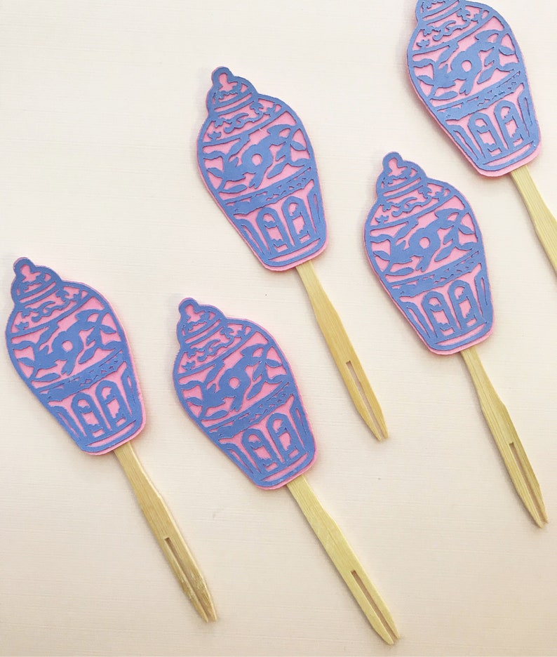 Blue and Pink Ginger Jar Cupcake Toppers Gender Reveal Party, Baby Shower, Gender Neutral Decor image 1