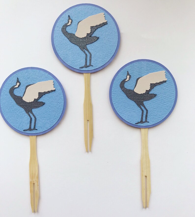 Crane Cupcake Toppers Set of 12 Blue and White, Chinoiserie Chic, Boy Baby Shower, Blue Baby Shower, Birthday Party image 2