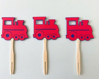 Red Train Cupcake Toppers - Set of 12,  Train Themed Birthday Party Decor, First Birthday, One