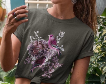 Dark Cottagecore Birds Shirt, Plus Size Fairycore Clothing