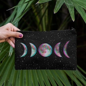 Glitch Moon Phase Witchy Gift Makeup Bag, Edgy Celestial Aesthetic Tarot Pouch Bag