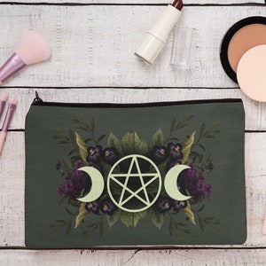 Green Witch Gift Tarot Card Bag, Edgy Cottage Witch Triple Moon Makeup Bag
