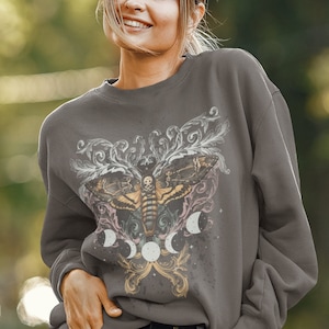 Fairy Grunge Moth Moon Phase Sweatshirt, Indie Plus Size Cottagecore Aesthetic Sweater