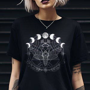 Mystical Witchy Moth Moon Phase Shirt, Edgy Alchemy Aesthetic Plus Size Clothing