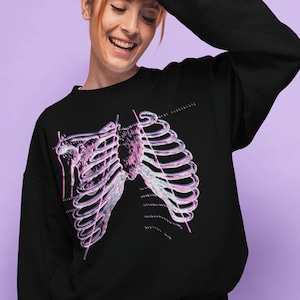 Glitch Alt Clothing Oversized Goth Skeleton Sweatshirt, Edgy E Girl Aesthetic Clothing, Plus Size Emo Grunge Clothing