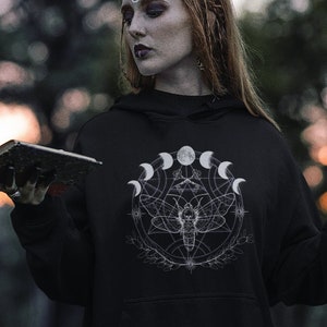 Mystical Moth Moon Phase Witchy Hoodie, Edgy Plus Size Goth Alchemy Aesthetic Clothing