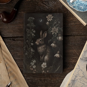 Cuaderno de tapa dura con estética Dark Cottagecore Rabbit Moon