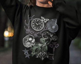 Dark Academia Clothing Goth Collage Sweatshirt, Plus Size Dark Cottagecore Aesthetic Clothing