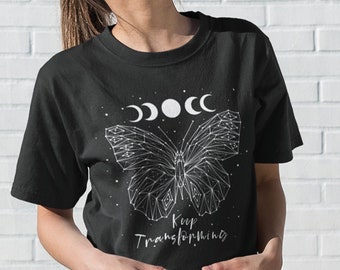 Mystical Mental Health Butterfly Shirt, Moon Phase Witchy Celestial Aesthetic Clothing, Plus Size Goth Clothes