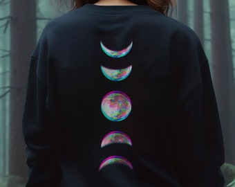 Witchy Glitch Moon Phase Sweatshirt, Edgy Goth Aesthetic Plus Size Sweater