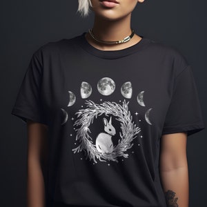 Mystical Cute Rabbit Moon Phase Shirt, Plus Size Witch Aesthetic Bunny Clothing