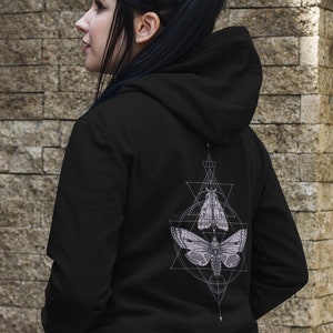 Moth Sacred Geometry Zip Up Occult Hoodie, Edgy Witch Aesthetic Clothing, Plus Size Goth Sweatshirt