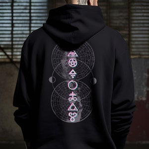 Glitch Occult Alchemy Zip Up Goth Hoodie, Edgy Oversized Pagan Aesthetic Clothing, Wiccan Plus Size Goth Sweater