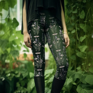 Dark Cottagecore Green Witch Wildflowers Moth Leggings