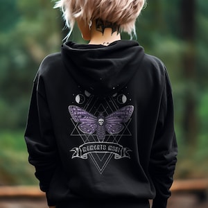 Memento Mori Moth Witchy Zip Up Hoodie, Edgy Plus Size Goth Aesthetic Clothing