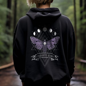 Memento Mori Moth Witchy Goth Hoodie, Plus Size Alt Clothing Sacred Geometry Aesthetic Sweatshirt