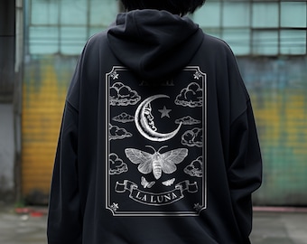 Moon Tarot Card Alt Clothing Zip Up Goth Hoodie, Edgy Plus Size Occult Witch Aesthetic Sweatshirt