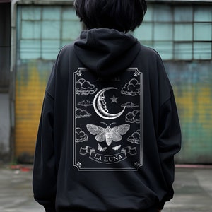 Moon Tarot Card Alt Clothing Zip Up Goth Hoodie, Edgy Plus Size Occult Witch Aesthetic Sweatshirt