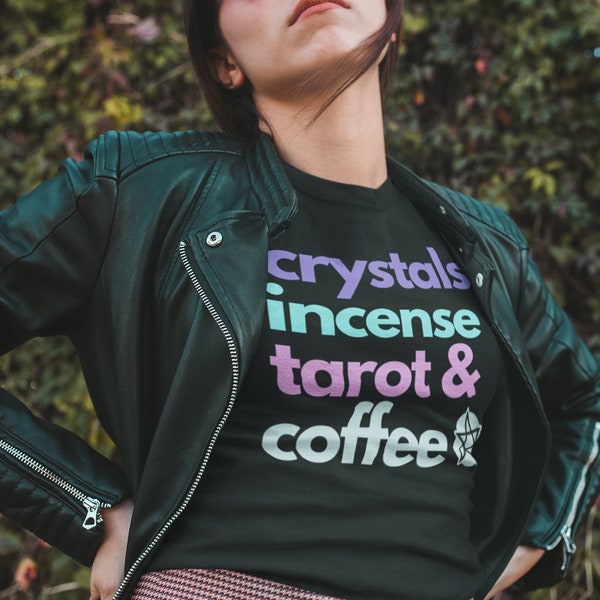 Crystals Incense Tarot and Coffee Witchy Shirt, Edgy Alt Aesthetic Clothing, Plus Size Goth Alternative Clothes