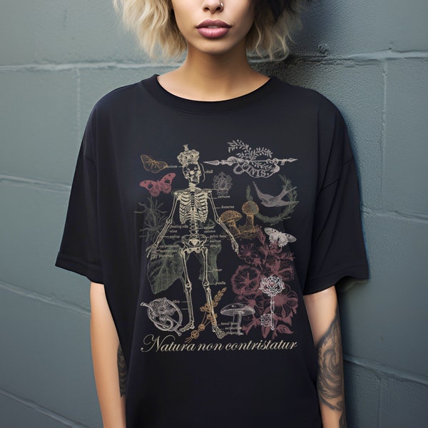 Dark Academia Clothing Indie Collage Art Skeleton Shirt, Plus Size Fairy Grunge Aesthetic Nature Clothing