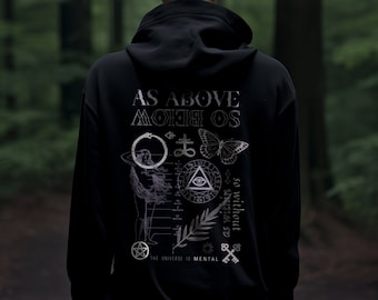 As Above So Below Witchy Goth Zip Up Hoodie , Edgy Alchemy Pagan Aesthetic Clothing, Wiccan Plus Size Occult Sweater