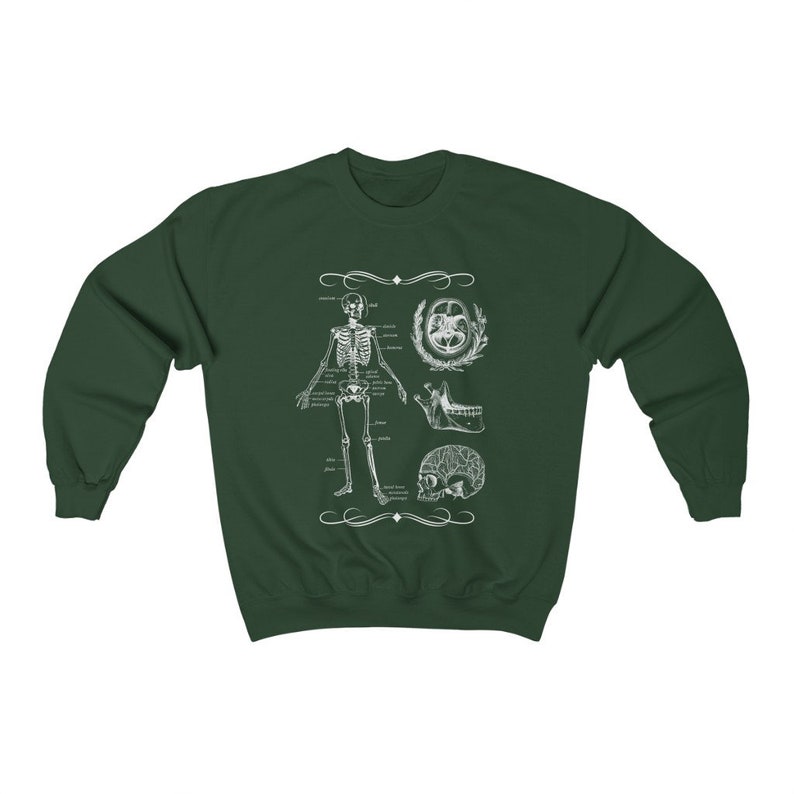 Dark Academia Skeleton Biology Sweatshirt, Vintage Goth Aesthetic Clothing Forest Green