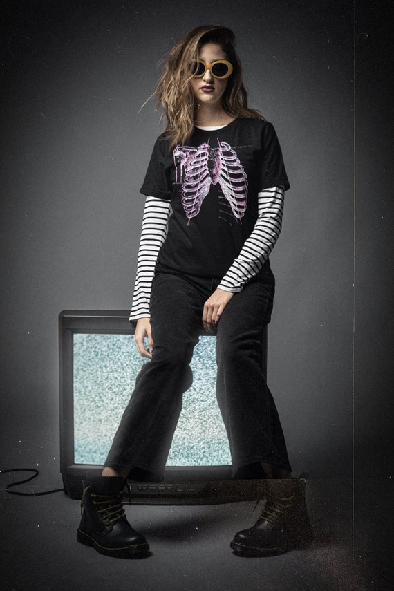 Alt Clothing Goth Grunge Glitch Skeleton Shirt, Edgy Oversized E