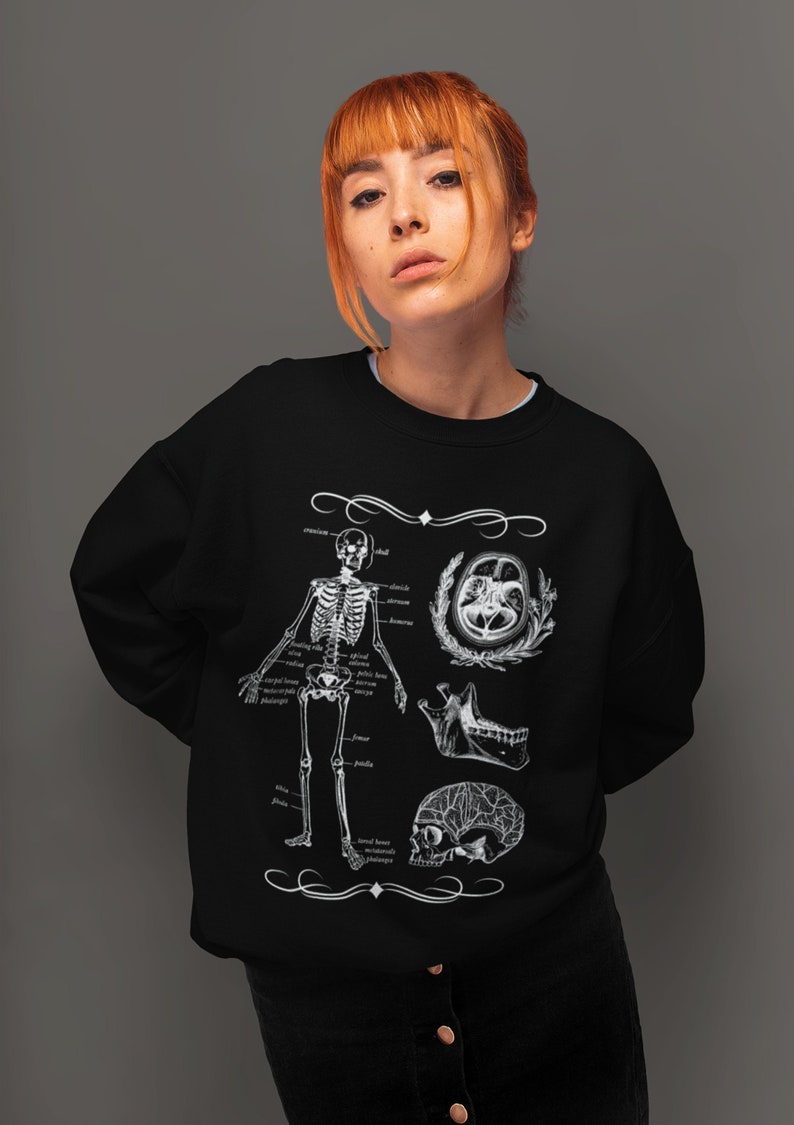 Dark Academia Skeleton Biology Sweatshirt, Vintage Goth Aesthetic Clothing image 1