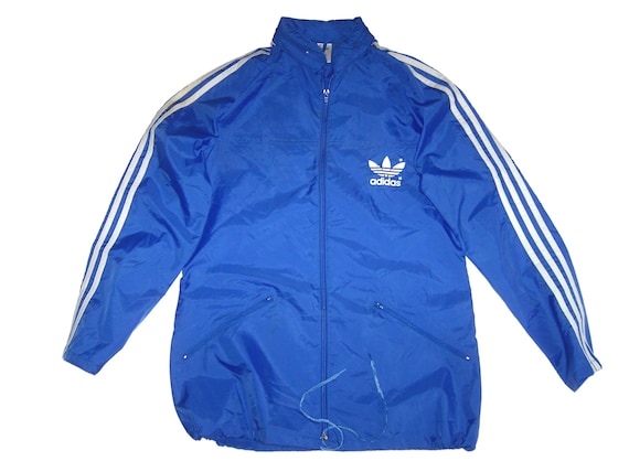Vintage 80s Adidas Blue Nylon Raincoat Jacket Packable 38 Eu S
