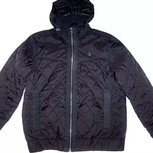 May include: Black quilted jacket with a hood and a full-length zipper. The jacket has a diamond pattern and two front pockets. The hood is lined with a darker material. A small logo is visible on the chest.
