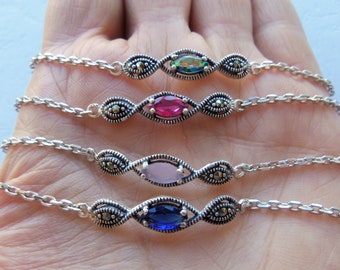 Multicolor bracelets Marcasite jewelry 925 STERLING SILVER ifferent color bracelets Armenian jewelry thin bracelets one stone Christmas gift
