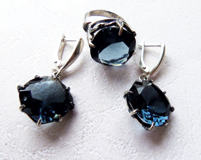 Ocean blue stone jewelry transparent blue stone earrings ring Armenian handmade jewelry large circle QUARTZ earrings blue stone accessories
