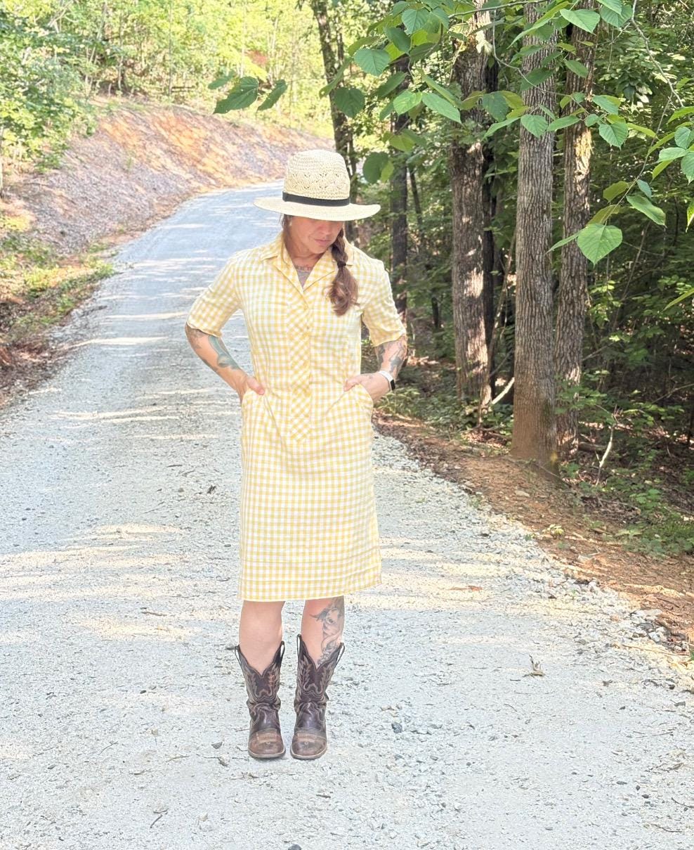 Vitage 1960s farm dress, cotton, yellow and white